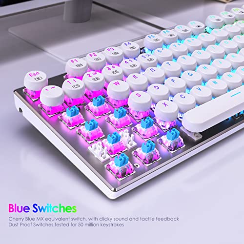 HUO JI E-Yooso Z-88 Typewriter Style Mechanical Gaming Keyboard USB Wired, Programmable RGB Backlit, Blue Switches - Clicky, Software Supported, Retro 104 Keys for Mac, PC, White