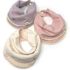 Kishu Baby Indi Girls Pom Pom Bibs - Luxuriously Soft, 100% Organic Cotton Muslin Exclusive of Trim - Fairtrade & GOTS Certified Organic Drool Bib with Snaps (Peach, Ivory, Lavender)