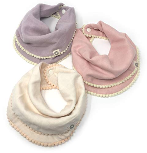 Kishu Baby Indi Girls Pom Pom Bibs - Luxuriously Soft, 100% Organic Cotton Muslin Exclusive of Trim - Fairtrade & GOTS Certified Organic Drool Bib with Snaps (Peach, Ivory, Lavender)