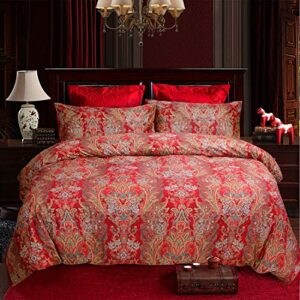 Softta Luxury European Floral Bedding Bohemian Queen 3 Pcs Damask Paisley Pattern Baroque Duvet Cover Sets 100% Egyptian Cotton 1000 Thread Count Burgundy red and Gold