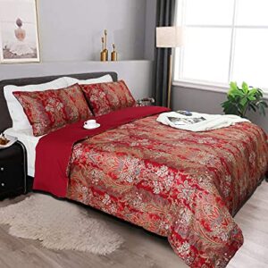 Softta Luxury European Floral Bedding Bohemian Queen 3 Pcs Damask Paisley Pattern Baroque Duvet Cover Sets 100% Egyptian Cotton 1000 Thread Count Burgundy red and Gold