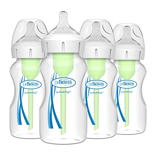 Dr. Brown’s Natural Flow Anti-Colic Options+ Wide-Neck Baby Bottles 9 oz/270 mL, with Level 1 Slow Flow Nipple, 4 Count , 0m+