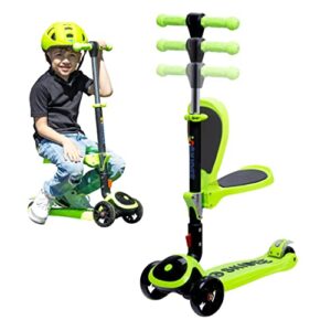 kick scooters for kids ages 3-5 (suitable for 2-12 year old) adjustable height foldable scooter removable seat, 3 led light wheels, rear brake, wide standing board, outdoor activities for boys/girls