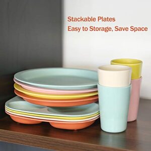 shopwithgreen Bamboo Divided Plates for Kids Adults - Dinnerware for Toddlers Kids Children Baby, BPA Free, Stackable, Dishwasher Safe, 9.4 inch, Set of 4