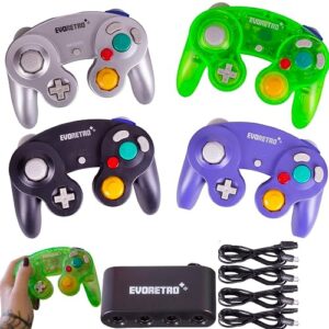 evoretro gamecube controller compatible for switch, wii console and pc games - 4 pack bundle with 4 extension cords and a 4-port adapter