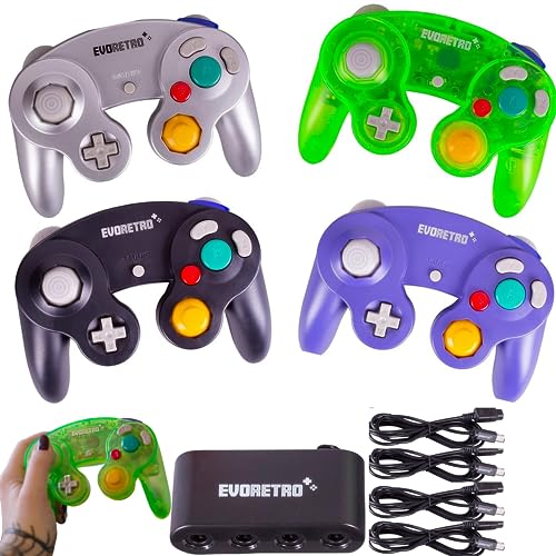 EVORETRO Gamecube Controller Compatible for Switch, wii Console and PC Games - 4 Pack Bundle with 4 Extension Cords and a 4-Port Adapter