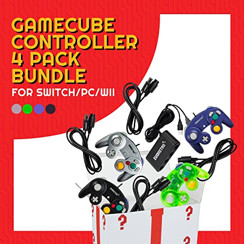 EVORETRO Gamecube Controller Compatible for Switch, wii Console and PC Games - 4 Pack Bundle with 4 Extension Cords and a 4-Port Adapter