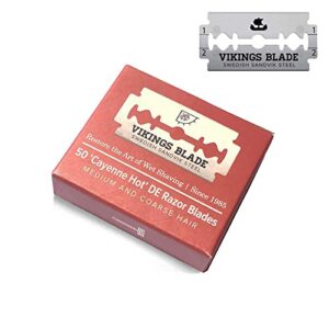 double edge safety razor blades, swedish steel, 50 count, by vikings blade, platinum coated replacement razor blade & refills, eco friendly, smooth, close, clean shaving blades, semi-aggressive & safe