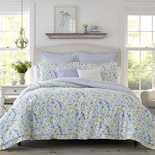 Laura Ashley Comforter Set Reversible Cotton Bedding, Includes Matching Shams with Bonus Euro Shams & Throw Pillows, King, Nora Blue/Yellow/Green/White