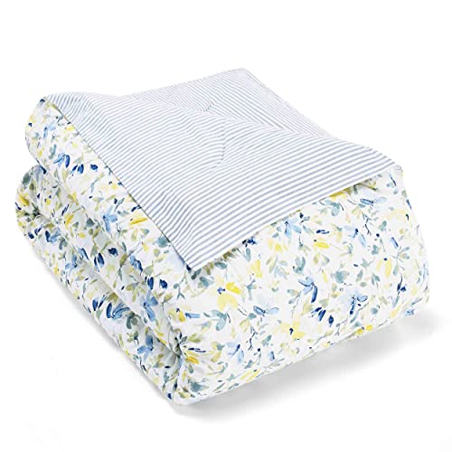 Laura Ashley Comforter Set Reversible Cotton Bedding, Includes Matching Shams with Bonus Euro Shams & Throw Pillows, King, Nora Blue/Yellow/Green/White