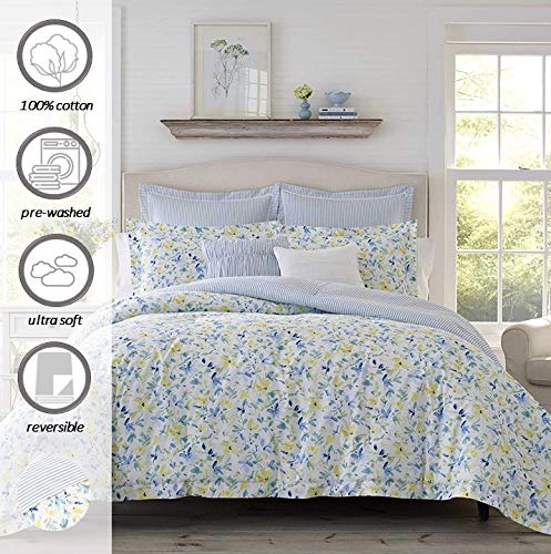 Laura Ashley Comforter Set Reversible Cotton Bedding, Includes Matching Shams with Bonus Euro Shams & Throw Pillows, King, Nora Blue/Yellow/Green/White