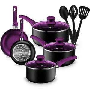 chef's star pots and pans set kitchen cookware sets nonstick aluminum cooking essentials 11 pieces purple