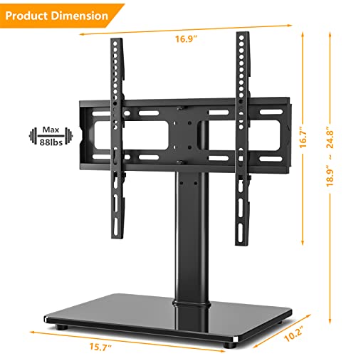 5Rcom Universal TV Stand, Height Adjustable Table Top Swivel TV Stand w/Tempered Glass Base for 27 32 37 40 43 46 50 55 60 inch Flat Screen TVs, Holds up to 88 lbs, TV Stand with Mount