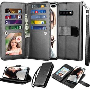 njjex wallet case for galaxy s10 plus, for galaxy s10+ case, pu leather [9 card slots] credit holder folio flip [detachable][kickstand] magnetic phone cover & wrist strap for samsung s10 plus [black]