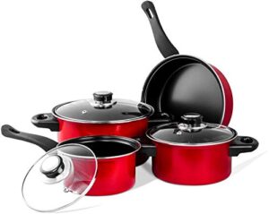 imperial home 7 pc carbon steel nonstick cookware set, pots & pans set, dishwasher safe cookware set, cooking set, kitchen essentials (red)