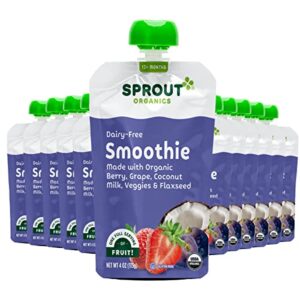 sprout organic baby food, stage 4 toddler smoothie pouches, berry grape with coconut milk, 4 oz purees (pack of 12)