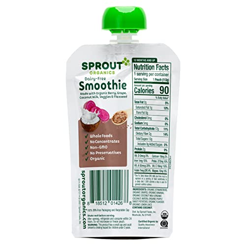 Sprout Organic Baby Food, Stage 4 Toddler Smoothie Pouches, Berry Grape with Coconut Milk, 4 Oz Purees (Pack of 12)