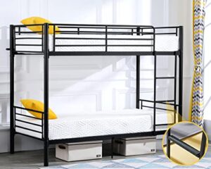 bonnlo bunk bed twin over twin, twin bunk beds for kids/teens/adults, flat ladder and high guardrail, metal bunk bed with stairs, black