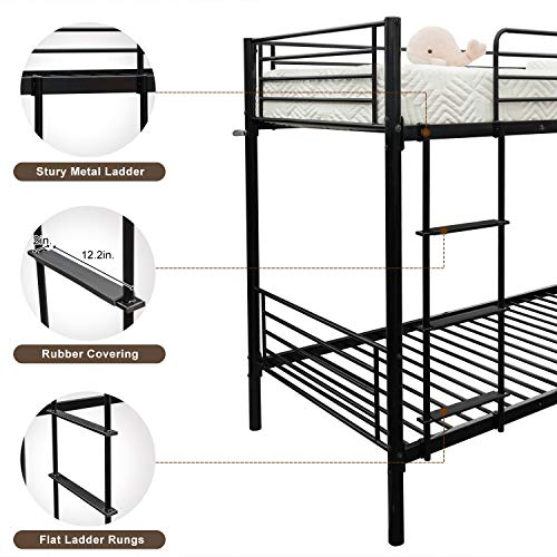 Bonnlo Bunk Bed Twin Over Twin, Twin Bunk Beds for Kids/Teens/Adults, Flat Ladder and High Guardrail, Metal Bunk Bed with Stairs, Black