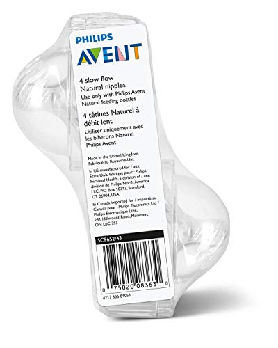 Philips Avent Natural Baby Bottle Slow Flow Nipple, 1M+, 4pk, Flow 2, SCF652/43