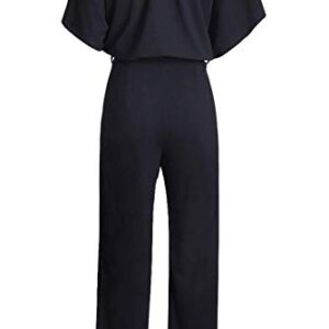 Happy Sailed Women Casual Loose Short Sleeve Belted Wide Leg Pant Romper Jumpsuits Medium Black