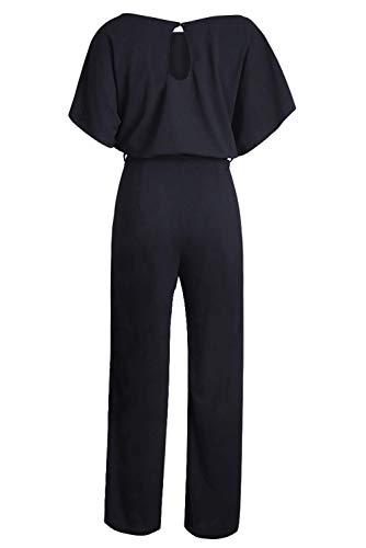 Happy Sailed Women Casual Loose Short Sleeve Belted Wide Leg Pant Romper Jumpsuits Medium Black