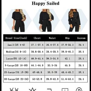 Happy Sailed Women Casual Loose Short Sleeve Belted Wide Leg Pant Romper Jumpsuits Medium Black