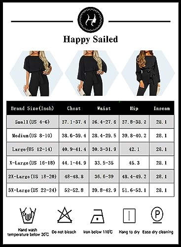 Happy Sailed Women Casual Loose Short Sleeve Belted Wide Leg Pant Romper Jumpsuits Medium Black