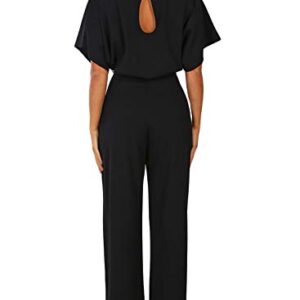 Happy Sailed Women Casual Loose Short Sleeve Belted Wide Leg Pant Romper Jumpsuits Medium Black