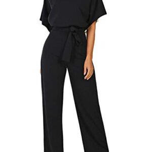 Happy Sailed Women Casual Loose Short Sleeve Belted Wide Leg Pant Romper Jumpsuits Medium Black