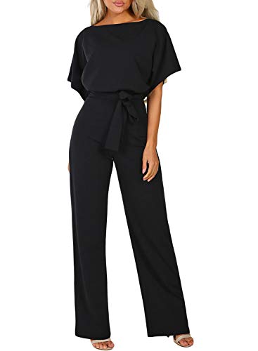 Happy Sailed Women Casual Loose Short Sleeve Belted Wide Leg Pant Romper Jumpsuits Medium Black