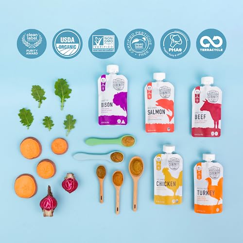 Serenity Kids 6+ Months Baby Food Pouches Puree Made With Ethically Sourced Meats & Organic Veggies | 3.5 Ounce BPA-Free Pouch | Free Range Chicken, Pea, Carrot | 1 Count