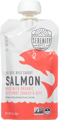 Serenity Kids 6+ Months Baby Food Pouches Puree Made With Ethically Sourced Meats & Organic Veggies | 3.5 Ounce BPA-Free Pouch | Wild Caught Salmon, Butternut Squash, Beet | 1 Count