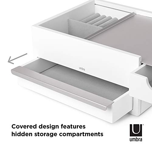 Umbra Stowit Jewelry Box-Modern Keepsake Storage Organizer with Hidden Compartment Drawers for Ring, Bracelet, Watch, Necklace, Earrings, and Accessories (White/Nickel)