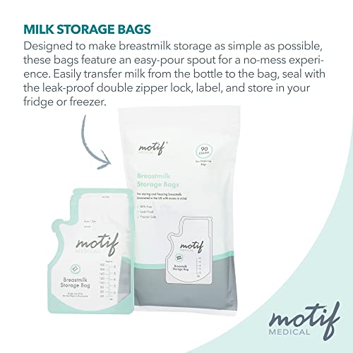 Motif Medical, Milk Storage Bags, 8 oz Milk Freezer Bag with Easy Pour Spout, BPA Free, Write-On Label - 90 Count