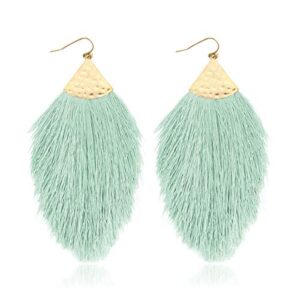 bohemian silky thread fan fringe tassel statement earrings - lightweight strand feather shape dangles (feather fringe - mint)