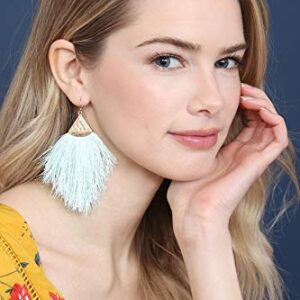 Bohemian Silky Thread Fan Fringe Tassel Statement Earrings - Lightweight Strand Feather Shape Dangles (Feather Fringe - Mint)