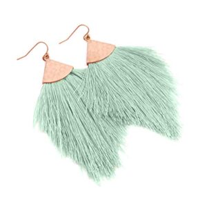 Bohemian Silky Thread Fan Fringe Tassel Statement Earrings - Lightweight Strand Feather Shape Dangles (Feather Fringe - Mint)