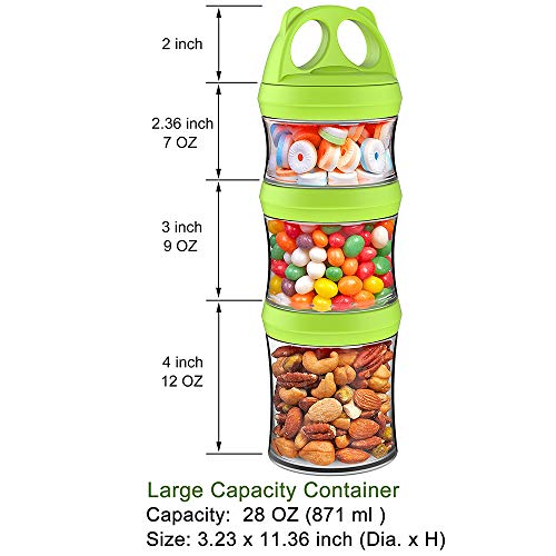 SELEWARE Portable, Stackable Food Storage Containers for Formula, Snacks, Powder and Drinks, Twist Lock System, Airtight, Leak-proof, BPA and Phthalate Free, 3-Piece Jars, 28oz Green