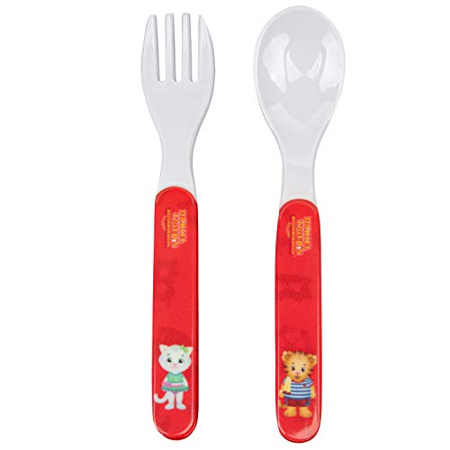 Daniel Tiger 5 Pc Mealtime Feeding Set for Kids and Toddlers - Includes Plate, Bowl, Cup, Fork and Spoon Utensil Flatware - Durable, Dishwasher Safe, BPA Free (Red)