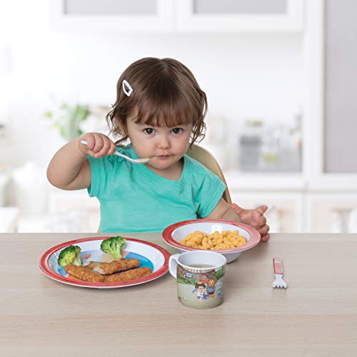 Daniel Tiger 5 Pc Mealtime Feeding Set for Kids and Toddlers - Includes Plate, Bowl, Cup, Fork and Spoon Utensil Flatware - Durable, Dishwasher Safe, BPA Free (Red)