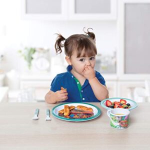 Daniel Tiger 5 Pc Mealtime Feeding Set for Kids and Toddlers - Includes Plate, Bowl, Cup, Fork and Spoon Utensil Flatware - Durable, Dishwasher Safe, BPA Free (Green)