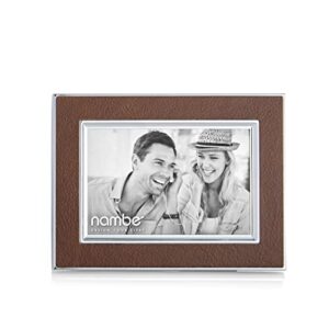 nambe novara picture frame, 4" x 6” | photo frame with tempered glass | tabletop display, family, friends, wedding gift, home office décor | silver plate and genuine leather