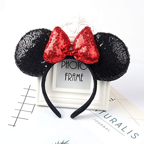 A Miaow 3D Black Mouse Sequin Ears Headband MM Glitter Butterfly Hair Clasp Park Supply Adults Women Photo Accessory (Black and Red)