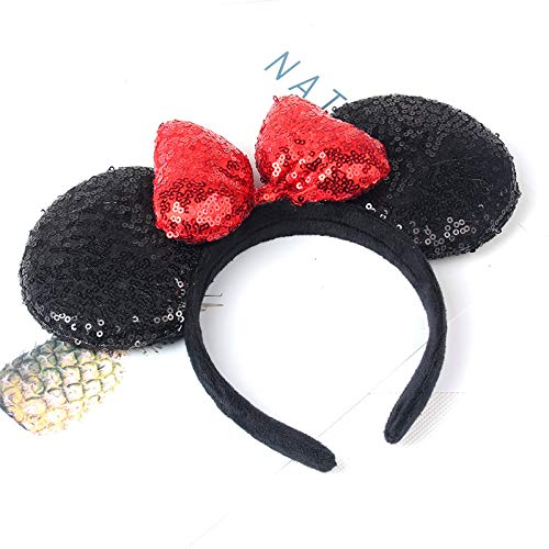 A Miaow 3D Black Mouse Sequin Ears Headband MM Glitter Butterfly Hair Clasp Park Supply Adults Women Photo Accessory (Black and Red)