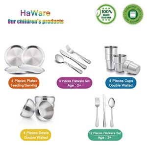 HaWare Toddlers Kids 18/8 Stainless Steel Plates, Durable Metal 304 Feeding 8in Dishes for Serving/Snack/Camping, No Plastic and Dishwasher Safe - 4 Pack