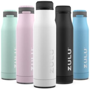 zulu ace 24oz vacuum insulated stainless steel water bottle with chug spout, leak-proof locking lid and removable base, metal reusable bottle for sports gym travel, white
