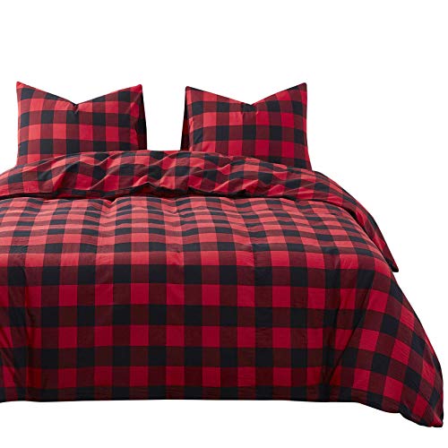 Wake In Cloud - Red Black Plaid Duvet Cover Set, 100% Washed Cotton Bedding, Buffalo Check Gingham Plaid Geometric Checker Pattern, with Zipper Closure (3pcs, King Size)