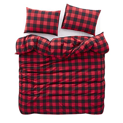 Wake In Cloud - Red Black Plaid Duvet Cover Set, 100% Washed Cotton Bedding, Buffalo Check Gingham Plaid Geometric Checker Pattern, with Zipper Closure (3pcs, King Size)