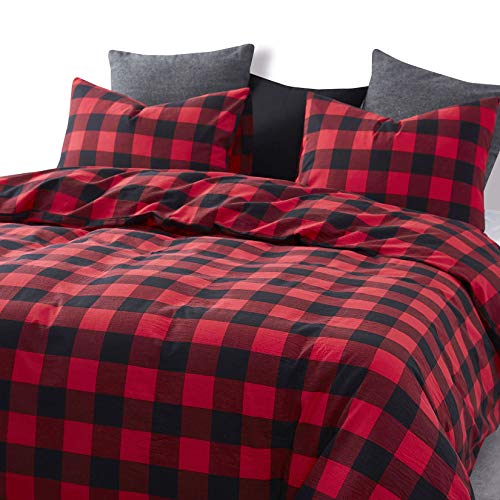 Wake In Cloud - Red Black Plaid Duvet Cover Set, 100% Washed Cotton Bedding, Buffalo Check Gingham Plaid Geometric Checker Pattern, with Zipper Closure (3pcs, King Size)